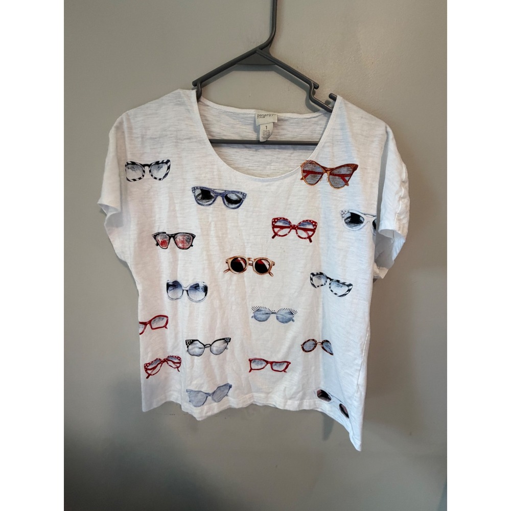 Zenergy by Chico's White Sunglasses Graphic Print Slub Knit Tee Shirt Size 1